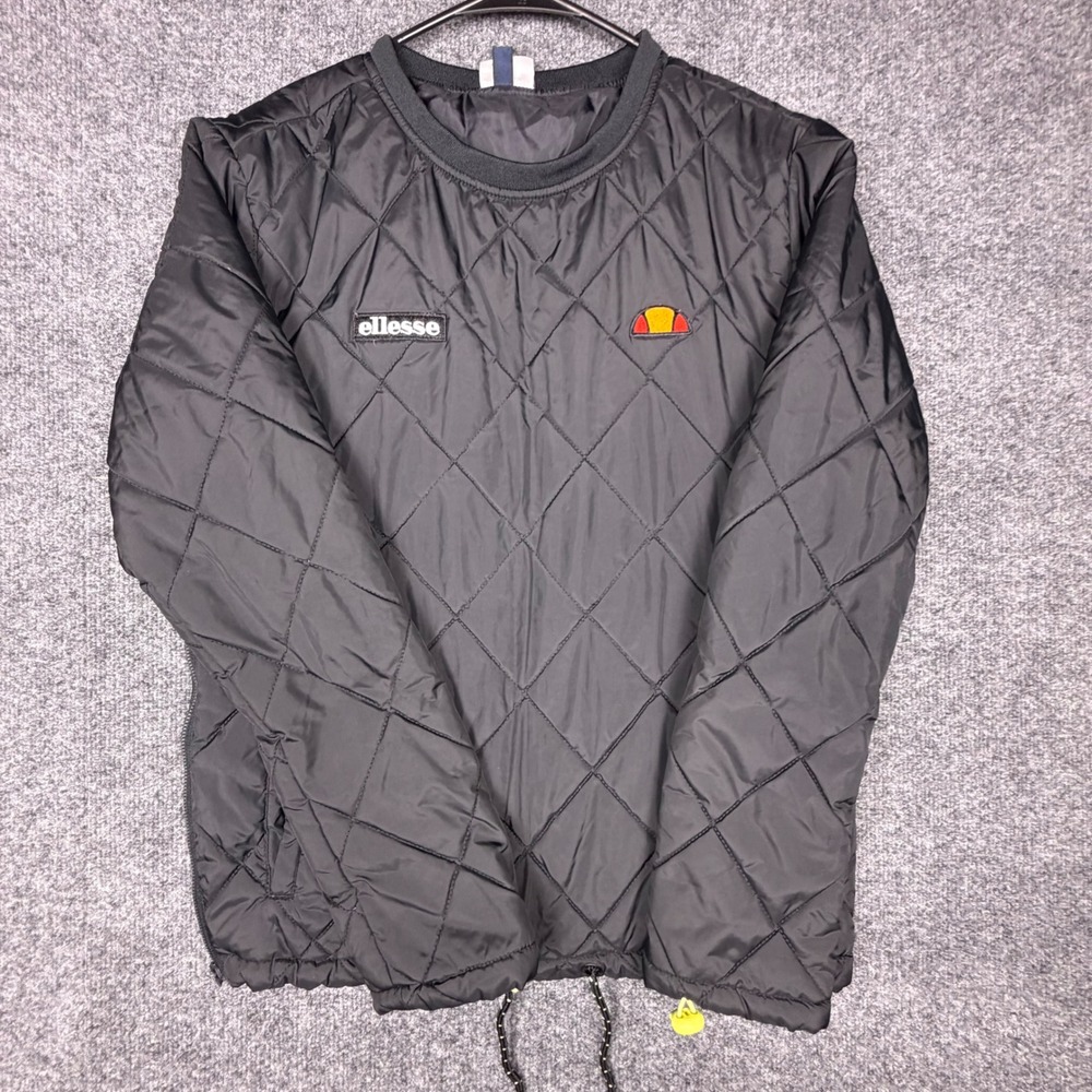 Ellesse Quilted Pullover Jacket Black Diamond Stitch Crew Neck Womens US 2 UK 6
